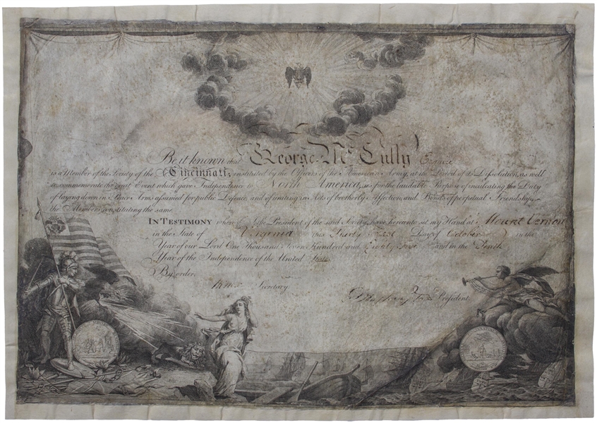George Washington Signed Document Conferring Membership in the Ultra-Elite Society of the Cincinnati -- Available Only to Revolutionary War Officers & Their Heirs